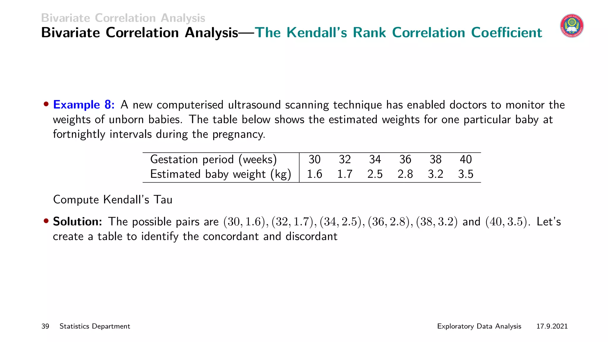 Bivariate Correlation Analysis
Bivariate Correlation Analysis—The Kendall’s Rank Correlation Coefficient
• Example 8: A new computerised ultrasound scanning technique has enabled doctors to monitor the
weights of unborn babies. The table below shows the estimated weights for one particular baby at
fortnightly intervals during the pregnancy.
Gestation period (weeks) 30 32 34 36 38 40
Estimated baby weight (kg) 1.6 1.7 2.5 2.8 3.2 3.5
Compute Kendall’s Tau
• Solution: The possible pairs are (30, 1.6), (32, 1.7), (34, 2.5), (36, 2.8), (38, 3.2) and (40, 3.5). Let’s
create a table to identify the concordant and discordant
39 Statistics Department Exploratory Data Analysis 17.9.2021
 