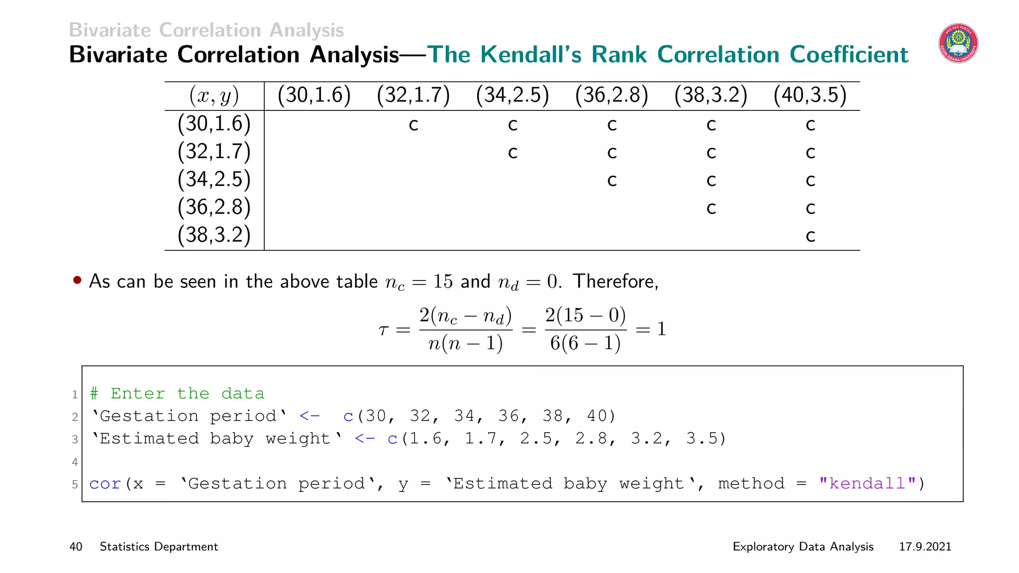 Bivariate Correlation Analysis
Bivariate Correlation Analysis—The Kendall’s Rank Correlation Coefficient
(x, y) (30,1.6) (32,1.7) (34,2.5) (36,2.8) (38,3.2) (40,3.5)
(30,1.6) c c c c c
(32,1.7) c c c c
(34,2.5) c c c
(36,2.8) c c
(38,3.2) c
• As can be seen in the above table nc = 15 and nd = 0. Therefore,
τ =
2(nc − nd)
n(n − 1)
=
2(15 − 0)
6(6 − 1)
= 1
1 # Enter the data
2 ‘Gestation period‘ - c(30, 32, 34, 36, 38, 40)
3 ‘Estimated baby weight‘ - c(1.6, 1.7, 2.5, 2.8, 3.2, 3.5)
4
5 cor(x = ‘Gestation period‘, y = ‘Estimated baby weight‘, method = kendall)
40 Statistics Department Exploratory Data Analysis 17.9.2021
 