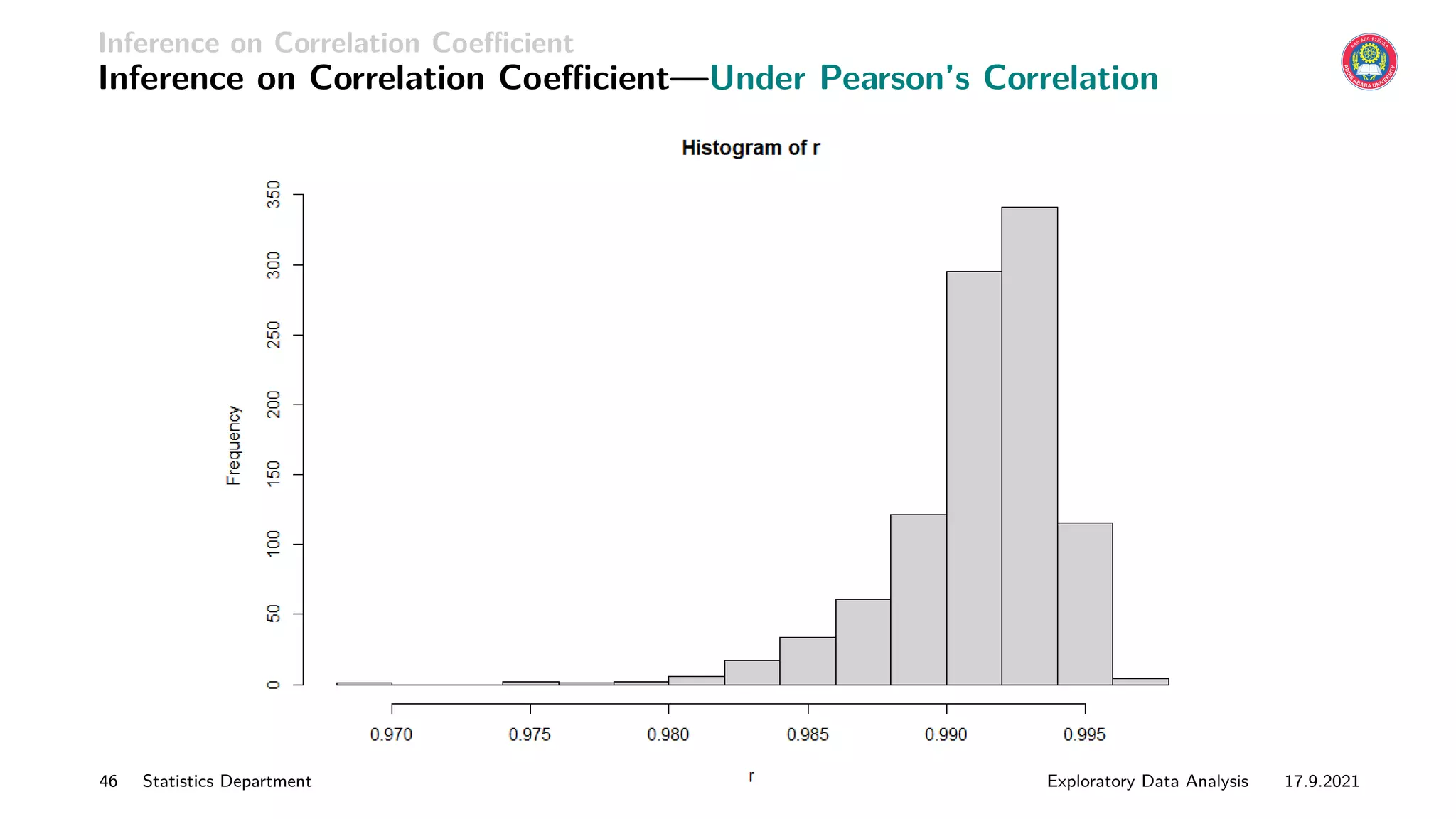 Inference on Correlation Coefficient
Inference on Correlation Coefficient—Under Pearson’s Correlation
46 Statistics Department Exploratory Data Analysis 17.9.2021
 