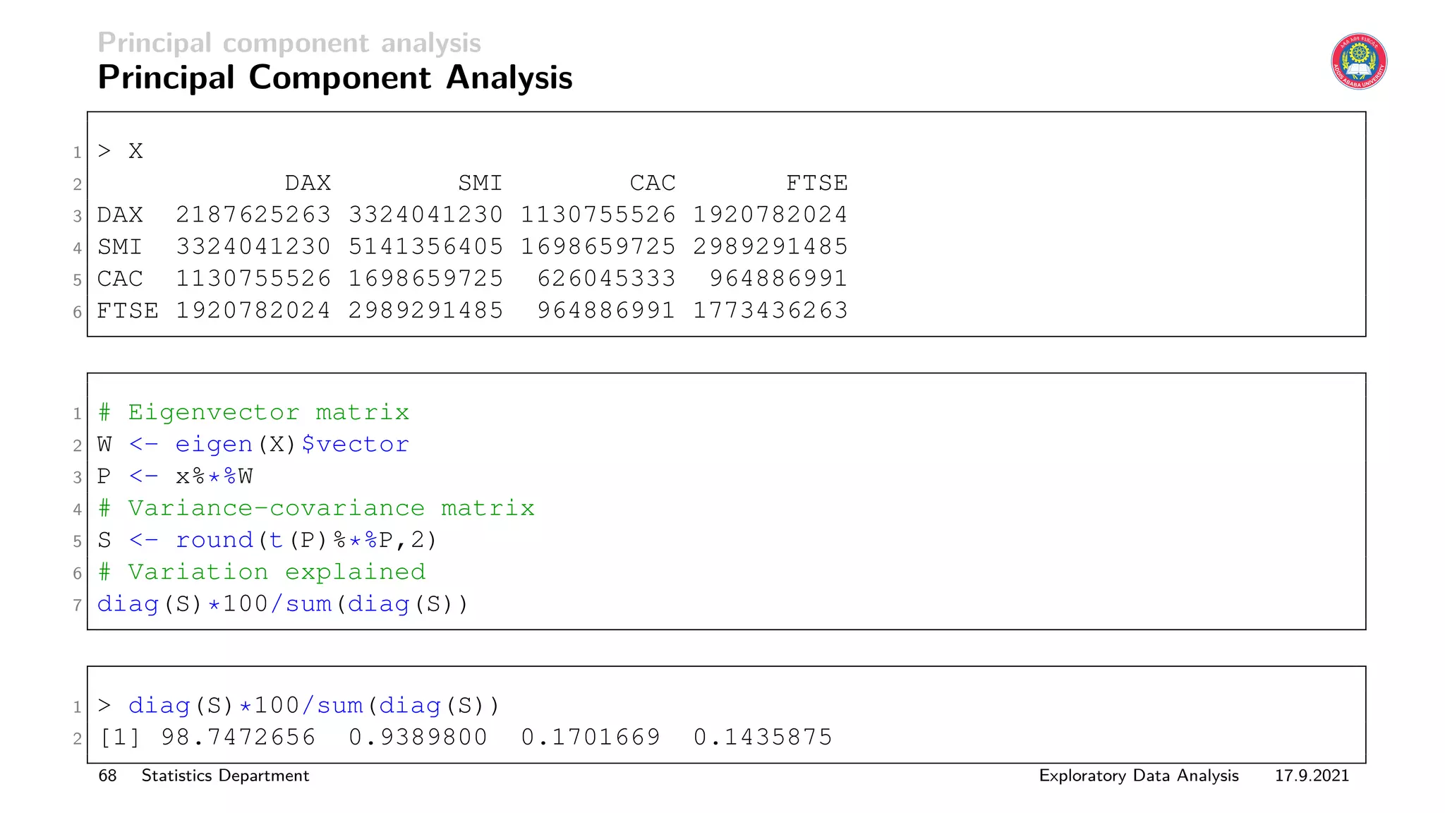 Principal component analysis
Principal Component Analysis
1  X
2 DAX SMI CAC FTSE
3 DAX 2187625263 3324041230 1130755526 1920782024
4 SMI 3324041230 5141356405 1698659725 2989291485
5 CAC 1130755526 1698659725 626045333 964886991
6 FTSE 1920782024 2989291485 964886991 1773436263
1 # Eigenvector matrix
2 W - eigen(X)$vector
3 P - x%*%W
4 # Variance-covariance matrix
5 S - round(t(P)%*%P,2)
6 # Variation explained
7 diag(S)*100/sum(diag(S))
1  diag(S)*100/sum(diag(S))
2 [1] 98.7472656 0.9389800 0.1701669 0.1435875
68 Statistics Department Exploratory Data Analysis 17.9.2021
 