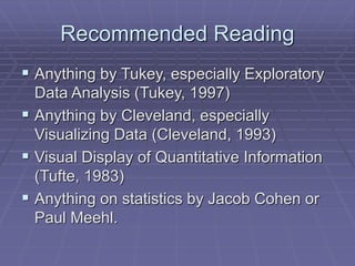 Recommended Reading
 Anything by Tukey, especially Exploratory
Data Analysis (Tukey, 1997)
 Anything by Cleveland, especially
Visualizing Data (Cleveland, 1993)
 Visual Display of Quantitative Information
(Tufte, 1983)
 Anything on statistics by Jacob Cohen or
Paul Meehl.
 
