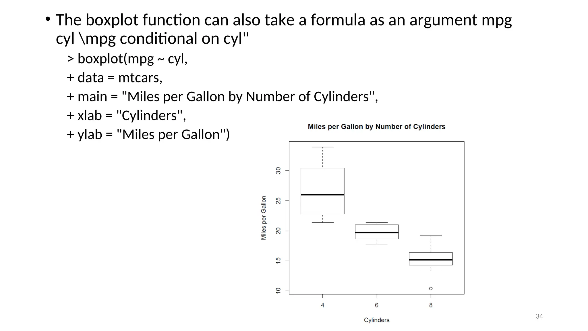 • The boxplot function can also take a formula as an argument mpg
cyl mpg conditional on cyl"
> boxplot(mpg ~ cyl,
+ data = mtcars,
+ main = "Miles per Gallon by Number of Cylinders",
+ xlab = "Cylinders",
+ ylab = "Miles per Gallon")
34
 