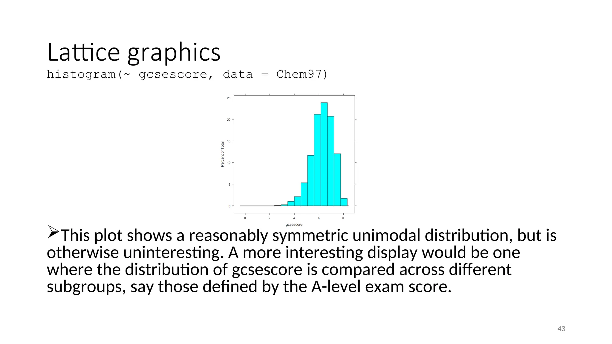 Lattice graphics
histogram(~ gcsescore, data = Chem97)
This plot shows a reasonably symmetric unimodal distribution, but is
otherwise uninteresting. A more interesting display would be one
where the distribution of gcsescore is compared across different
subgroups, say those defined by the A-level exam score.
43
 