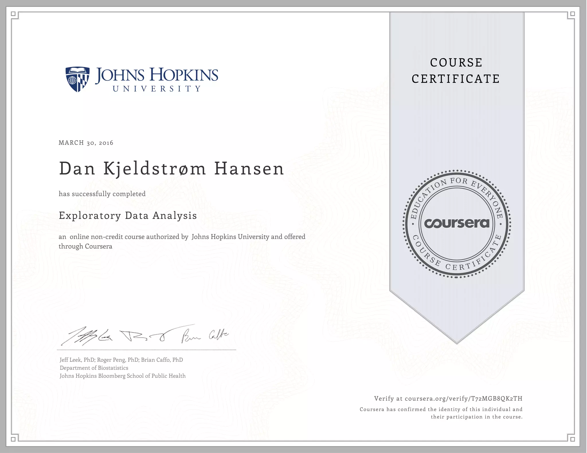 EDUCA
T
ION FOR EVE
R
YONE
CO
U
R
S
E
C E R T I F
I
C
A
TE
COURSE
CERTIFICATE
MARCH 30, 2016
Dan Kjeldstrøm Hansen
Exploratory Data Analysis
an online non-credit course authorized by Johns Hopkins University and offered
through Coursera
has successfully completed
Jeff Leek, PhD; Roger Peng, PhD; Brian Caffo, PhD
Department of Biostatistics
Johns Hopkins Bloomberg School of Public Health
Verify at coursera.org/verify/T72MGB8QK2TH
Coursera has confirmed the identity of this individual and
their participation in the course.