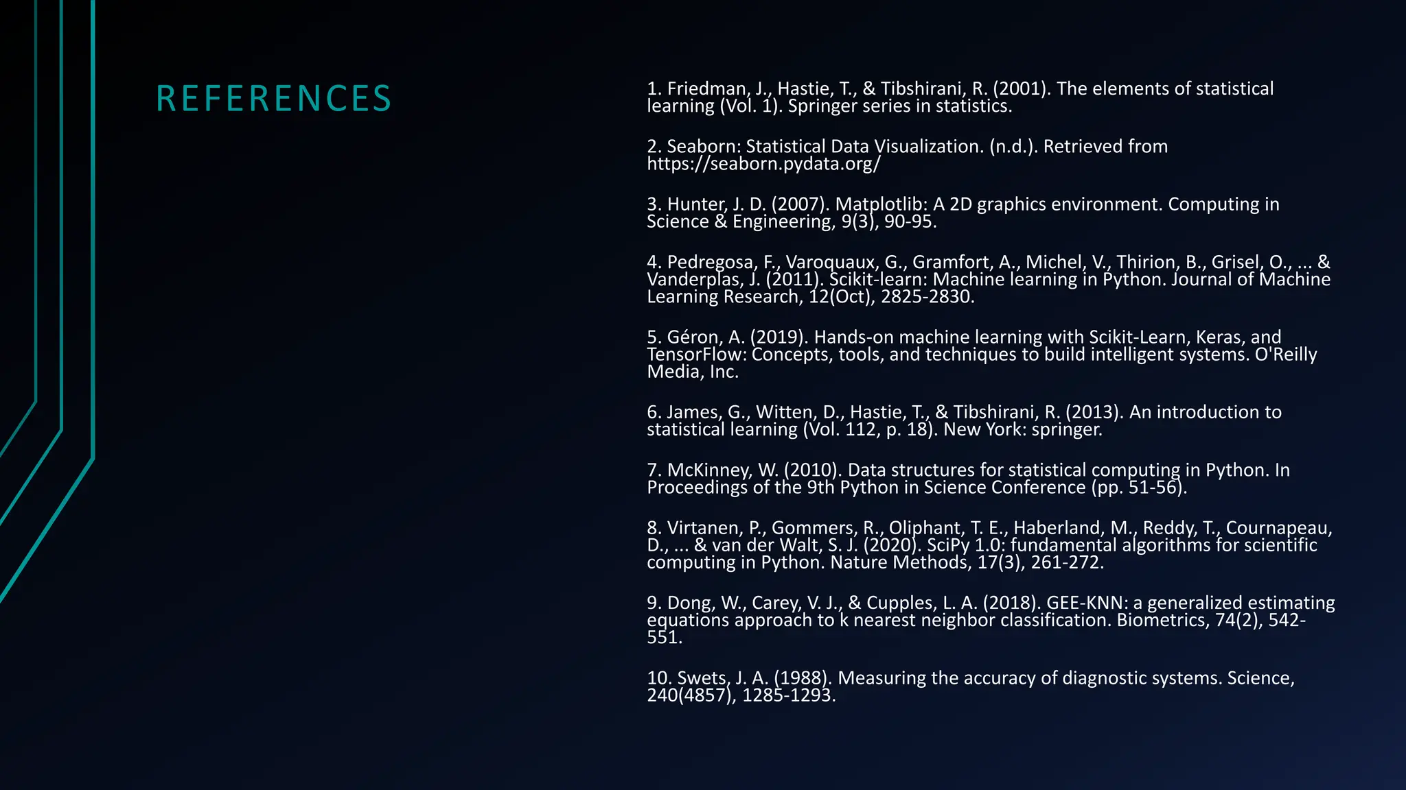 REFERENCES 1. Friedman, J., Hastie, T., & Tibshirani, R. (2001). The elements of statistical
learning (Vol. 1). Springer series in statistics.
2. Seaborn: Statistical Data Visualization. (n.d.). Retrieved from
https://seaborn.pydata.org/
3. Hunter, J. D. (2007). Matplotlib: A 2D graphics environment. Computing in
Science & Engineering, 9(3), 90-95.
4. Pedregosa, F., Varoquaux, G., Gramfort, A., Michel, V., Thirion, B., Grisel, O., ... &
Vanderplas, J. (2011). Scikit-learn: Machine learning in Python. Journal of Machine
Learning Research, 12(Oct), 2825-2830.
5. Géron, A. (2019). Hands-on machine learning with Scikit-Learn, Keras, and
TensorFlow: Concepts, tools, and techniques to build intelligent systems. O'Reilly
Media, Inc.
6. James, G., Witten, D., Hastie, T., & Tibshirani, R. (2013). An introduction to
statistical learning (Vol. 112, p. 18). New York: springer.
7. McKinney, W. (2010). Data structures for statistical computing in Python. In
Proceedings of the 9th Python in Science Conference (pp. 51-56).
8. Virtanen, P., Gommers, R., Oliphant, T. E., Haberland, M., Reddy, T., Cournapeau,
D., ... & van der Walt, S. J. (2020). SciPy 1.0: fundamental algorithms for scientific
computing in Python. Nature Methods, 17(3), 261-272.
9. Dong, W., Carey, V. J., & Cupples, L. A. (2018). GEE-KNN: a generalized estimating
equations approach to k nearest neighbor classification. Biometrics, 74(2), 542-
551.
10. Swets, J. A. (1988). Measuring the accuracy of diagnostic systems. Science,
240(4857), 1285-1293.
 