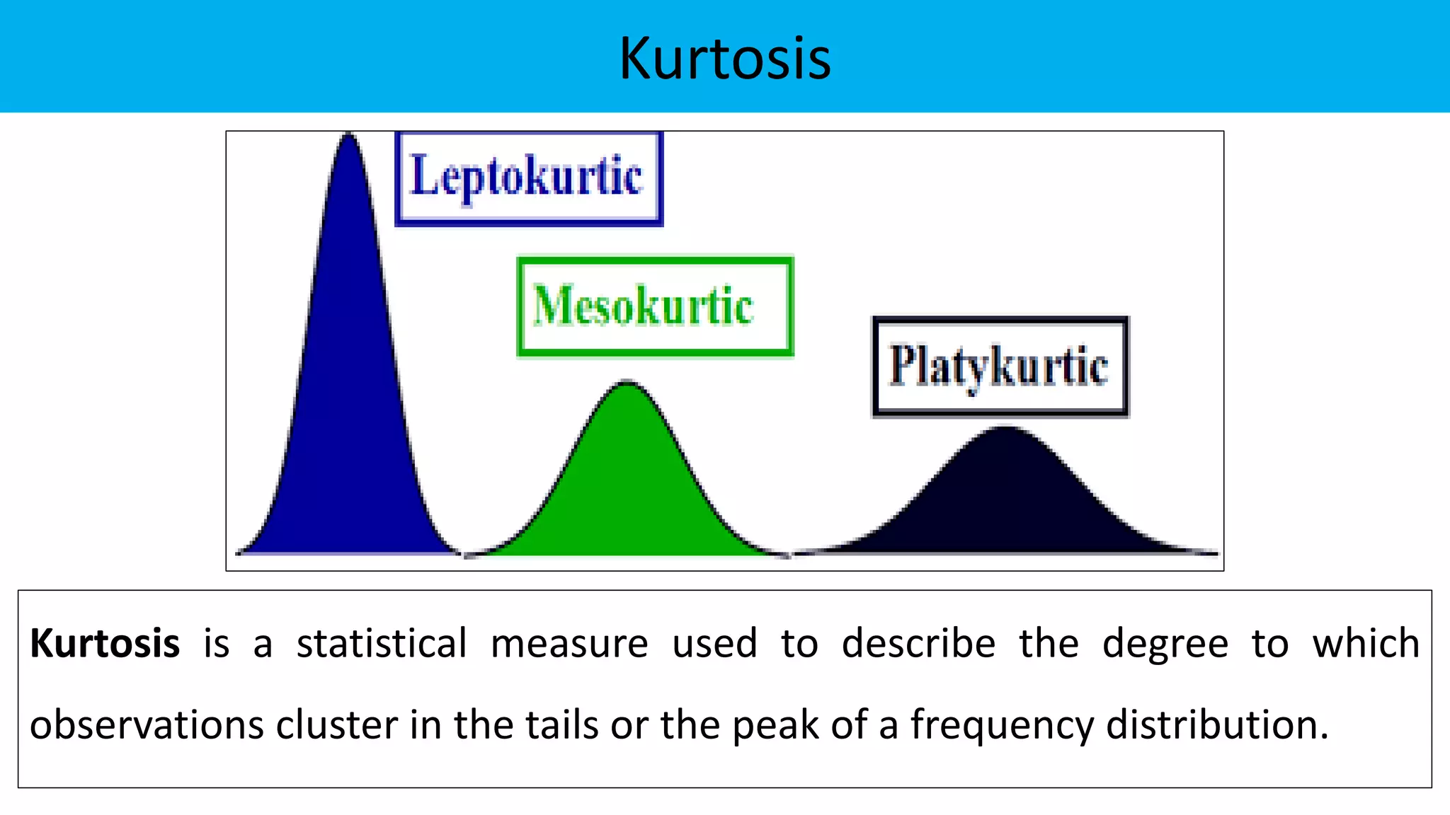 Kurtosis
Kurtosis is a statistical measure used to describe the degree to which
observations cluster in the tails or the peak of a frequency distribution.
 