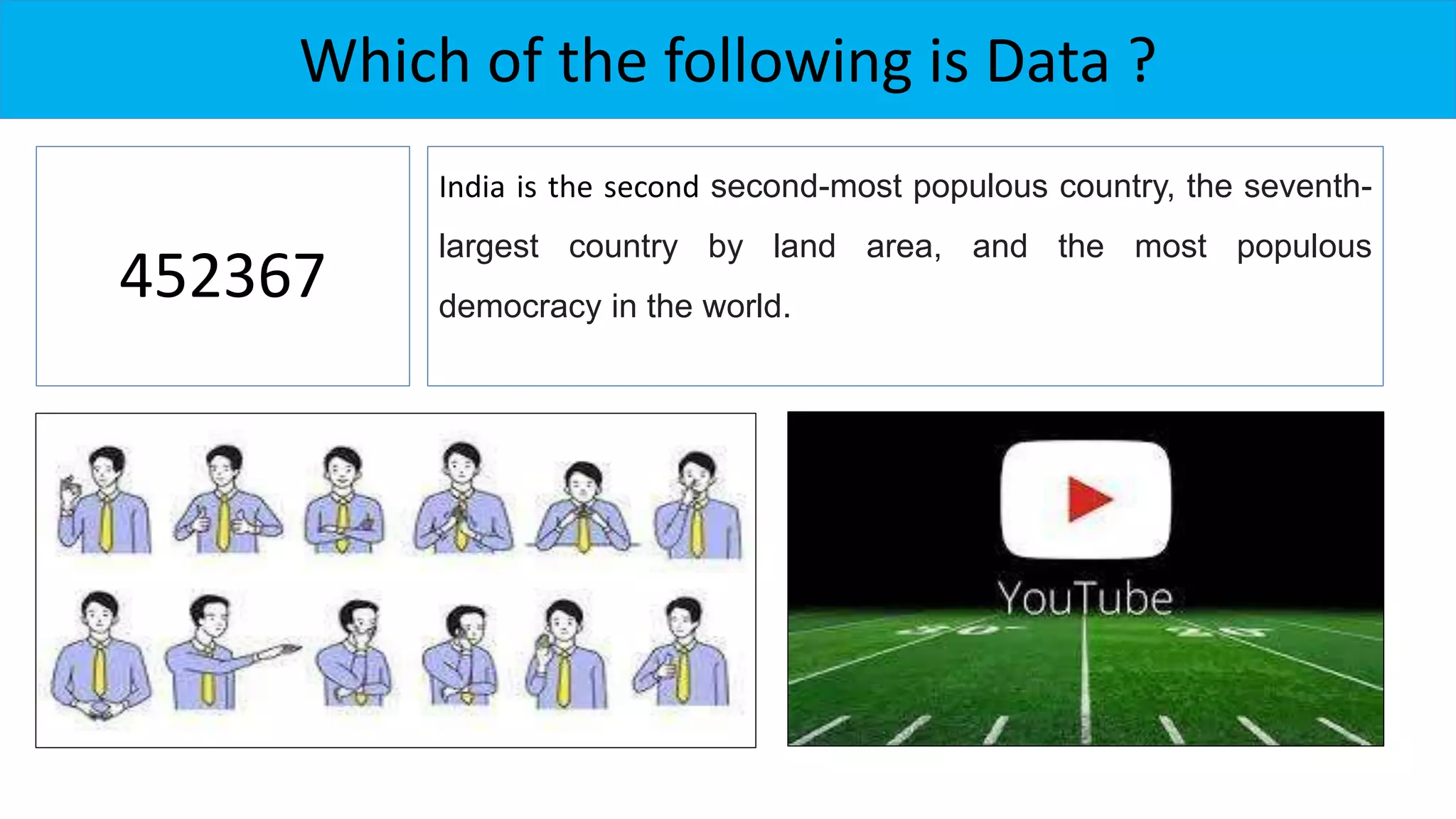 Which of the following is Data ?
452367
India is the second second-most populous country, the seventh-
largest country by land area, and the most populous
democracy in the world.
 