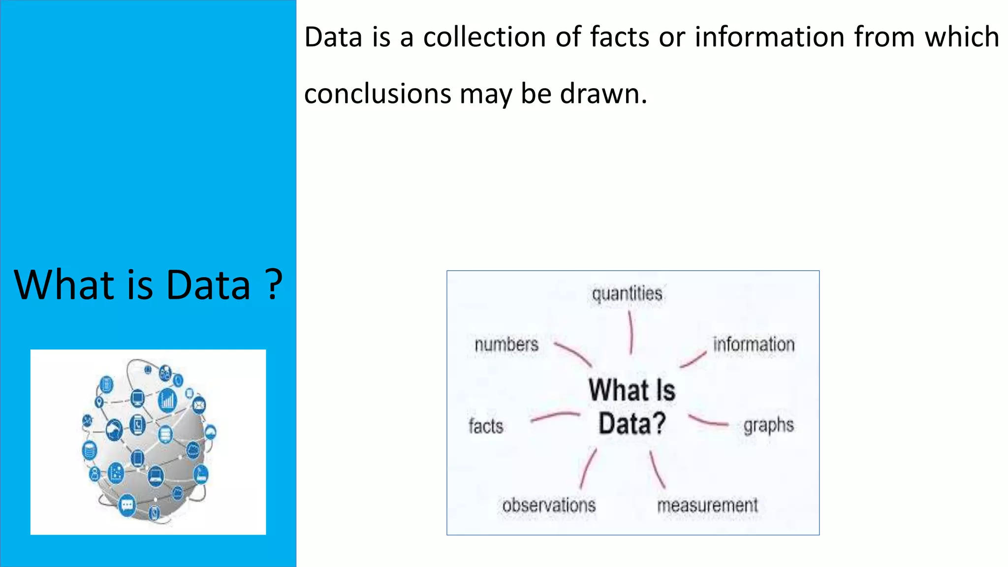 What is Data ?
Data is a collection of facts or information from which
conclusions may be drawn.
 