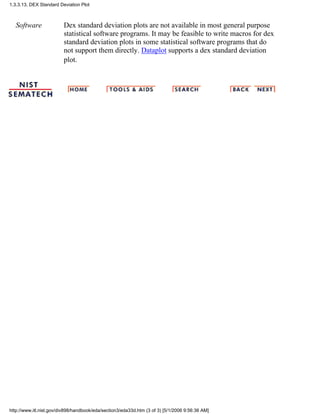 Software Dex standard deviation plots are not available in most general purpose
statistical software programs. It may be feasible to write macros for dex
standard deviation plots in some statistical software programs that do
not support them directly. Dataplot supports a dex standard deviation
plot.
1.3.3.13. DEX Standard Deviation Plot
http://www.itl.nist.gov/div898/handbook/eda/section3/eda33d.htm (3 of 3) [5/1/2006 9:56:36 AM]
 