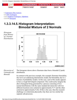1. Exploratory Data Analysis
1.3. EDA Techniques
1.3.3. Graphical Techniques: Alphabetic
1.3.3.14. Histogram
1.3.3.14.5.Histogram Interpretation:
Bimodal Mixture of 2 Normals
Histogram
from Mixture
of 2 Normal
Distributions
Discussion of
Unimodal and
Bimodal
The histogram shown above illustrates data from a bimodal (2 peak)
distribution.
In contrast to the previous example, this example illustrates bimodality
due not to an underlying deterministic model, but bimodality due to a
mixture of probability models. In this case, each of the modes appears
to have a rough bell-shaped component. One could easily imagine the
above histogram being generated by a process consisting of two
normal distributions with the same standard deviation but with two
different locations (one centered at approximately 9.17 and the other
centered at approximately 9.26). If this is the case, then the research
challenge is to determine physically why there are two similar but
separate sub-processes.
1.3.3.14.5. Histogram Interpretation: Bimodal Mixture of 2 Normals
http://www.itl.nist.gov/div898/handbook/eda/section3/eda33e5.htm (1 of 2) [5/1/2006 9:56:39 AM]
 