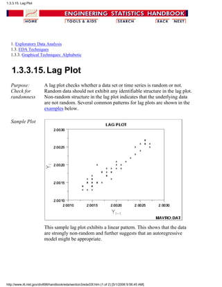 1. Exploratory Data Analysis
1.3. EDA Techniques
1.3.3. Graphical Techniques: Alphabetic
1.3.3.15.Lag Plot
Purpose:
Check for
randomness
A lag plot checks whether a data set or time series is random or not.
Random data should not exhibit any identifiable structure in the lag plot.
Non-random structure in the lag plot indicates that the underlying data
are not random. Several common patterns for lag plots are shown in the
examples below.
Sample Plot
This sample lag plot exhibits a linear pattern. This shows that the data
are strongly non-random and further suggests that an autoregressive
model might be appropriate.
1.3.3.15. Lag Plot
http://www.itl.nist.gov/div898/handbook/eda/section3/eda33f.htm (1 of 2) [5/1/2006 9:56:45 AM]
 