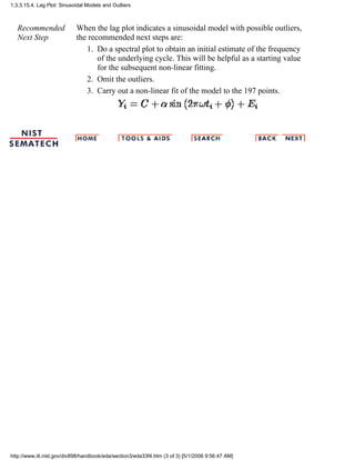 Recommended
Next Step
When the lag plot indicates a sinusoidal model with possible outliers,
the recommended next steps are:
Do a spectral plot to obtain an initial estimate of the frequency
of the underlying cycle. This will be helpful as a starting value
for the subsequent non-linear fitting.
1.
Omit the outliers.2.
Carry out a non-linear fit of the model to the 197 points.3.
1.3.3.15.4. Lag Plot: Sinusoidal Models and Outliers
http://www.itl.nist.gov/div898/handbook/eda/section3/eda33f4.htm (3 of 3) [5/1/2006 9:56:47 AM]
 