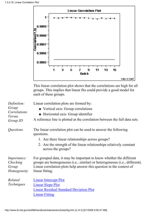 This linear correlation plot shows that the correlations are high for all
groups. This implies that linear fits could provide a good model for
each of these groups.
Definition:
Group
Correlations
Versus
Group ID
Linear correlation plots are formed by:
Vertical axis: Group correlationsq
Horizontal axis: Group identifierq
A reference line is plotted at the correlation between the full data sets.
Questions The linear correlation plot can be used to answer the following
questions.
Are there linear relationships across groups?1.
Are the strength of the linear relationships relatively constant
across the groups?
2.
Importance:
Checking
Group
Homogeneity
For grouped data, it may be important to know whether the different
groups are homogeneous (i.e., similar) or heterogeneous (i.e., different).
Linear correlation plots help answer this question in the context of
linear fitting.
Related
Techniques
Linear Intercept Plot
Linear Slope Plot
Linear Residual Standard Deviation Plot
Linear Fitting
1.3.3.16. Linear Correlation Plot
http://www.itl.nist.gov/div898/handbook/eda/section3/eda33g.htm (2 of 3) [5/1/2006 9:56:47 AM]
 
