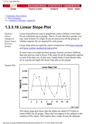 1. Exploratory Data Analysis
1.3. EDA Techniques
1.3.3. Graphical Techniques: Alphabetic
1.3.3.18.Linear Slope Plot
Purpose:
Detect
changes in
linear slopes
between
groups
Linear slope plots are used to graphically assess whether or not linear
fits are consistent across groups. That is, if your data have groups, you
may want to know if a single fit can be used across all the groups or
whether separate fits are required for each group.
Linear slope plots are typically used in conjunction with linear intercept
and linear residual standard deviation plots.
In some cases you might not have groups. Instead, you have different
data sets and you want to know if the same fit can be adequately applied
to each of the data sets. In this case, simply think of each distinct data
set as a group and apply the linear slope plot as for groups.
Sample Plot
This linear slope plot shows that the slopes are about 0.174 (plus or
minus 0.002) for all groups. There does not appear to be a pattern in the
variation of the slopes. This implies that a single fit may be adequate.
1.3.3.18. Linear Slope Plot
http://www.itl.nist.gov/div898/handbook/eda/section3/eda33i.htm (1 of 2) [5/1/2006 9:56:48 AM]
 