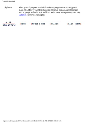 Software Most general purpose statistical software programs do not support a
mean plot. However, if the statistical program can generate the mean
over a group, it should be feasible to write a macro to generate this plot.
Dataplot supports a mean plot.
1.3.3.20. Mean Plot
http://www.itl.nist.gov/div898/handbook/eda/section3/eda33k.htm (3 of 3) [5/1/2006 9:56:48 AM]
 
