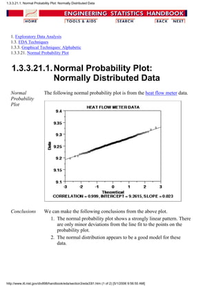 1. Exploratory Data Analysis
1.3. EDA Techniques
1.3.3. Graphical Techniques: Alphabetic
1.3.3.21. Normal Probability Plot
1.3.3.21.1.Normal Probability Plot:
Normally Distributed Data
Normal
Probability
Plot
The following normal probability plot is from the heat flow meter data.
Conclusions We can make the following conclusions from the above plot.
The normal probability plot shows a strongly linear pattern. There
are only minor deviations from the line fit to the points on the
probability plot.
1.
The normal distribution appears to be a good model for these
data.
2.
1.3.3.21.1. Normal Probability Plot: Normally Distributed Data
http://www.itl.nist.gov/div898/handbook/eda/section3/eda33l1.htm (1 of 2) [5/1/2006 9:56:50 AM]
 