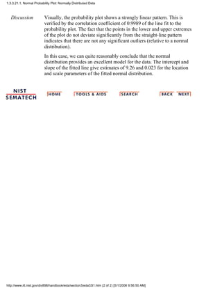 Discussion Visually, the probability plot shows a strongly linear pattern. This is
verified by the correlation coefficient of 0.9989 of the line fit to the
probability plot. The fact that the points in the lower and upper extremes
of the plot do not deviate significantly from the straight-line pattern
indicates that there are not any significant outliers (relative to a normal
distribution).
In this case, we can quite reasonably conclude that the normal
distribution provides an excellent model for the data. The intercept and
slope of the fitted line give estimates of 9.26 and 0.023 for the location
and scale parameters of the fitted normal distribution.
1.3.3.21.1. Normal Probability Plot: Normally Distributed Data
http://www.itl.nist.gov/div898/handbook/eda/section3/eda33l1.htm (2 of 2) [5/1/2006 9:56:50 AM]
 