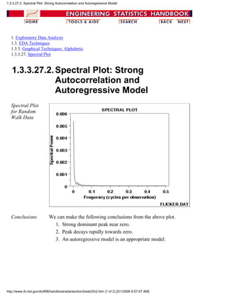 1. Exploratory Data Analysis
1.3. EDA Techniques
1.3.3. Graphical Techniques: Alphabetic
1.3.3.27. Spectral Plot
1.3.3.27.2.Spectral Plot: Strong
Autocorrelation and
Autoregressive Model
Spectral Plot
for Random
Walk Data
Conclusions We can make the following conclusions from the above plot.
Strong dominant peak near zero.1.
Peak decays rapidly towards zero.2.
An autoregressive model is an appropriate model.3.
1.3.3.27.2. Spectral Plot: Strong Autocorrelation and Autoregressive Model
http://www.itl.nist.gov/div898/handbook/eda/section3/eda33r2.htm (1 of 2) [5/1/2006 9:57:07 AM]
 