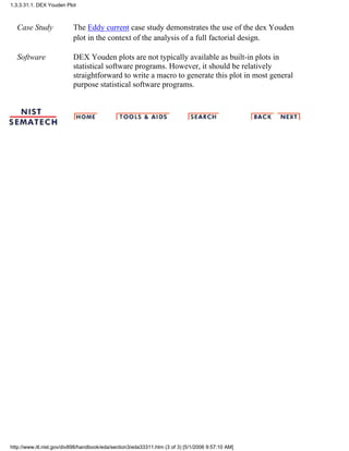 Case Study The Eddy current case study demonstrates the use of the dex Youden
plot in the context of the analysis of a full factorial design.
Software DEX Youden plots are not typically available as built-in plots in
statistical software programs. However, it should be relatively
straightforward to write a macro to generate this plot in most general
purpose statistical software programs.
1.3.3.31.1. DEX Youden Plot
http://www.itl.nist.gov/div898/handbook/eda/section3/eda33311.htm (3 of 3) [5/1/2006 9:57:10 AM]
 