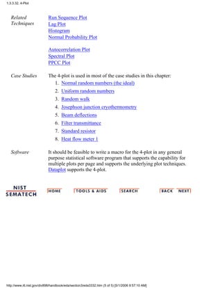 Related
Techniques
Run Sequence Plot
Lag Plot
Histogram
Normal Probability Plot
Autocorrelation Plot
Spectral Plot
PPCC Plot
Case Studies The 4-plot is used in most of the case studies in this chapter:
Normal random numbers (the ideal)1.
Uniform random numbers2.
Random walk3.
Josephson junction cryothermometry4.
Beam deflections5.
Filter transmittance6.
Standard resistor7.
Heat flow meter 18.
Software It should be feasible to write a macro for the 4-plot in any general
purpose statistical software program that supports the capability for
multiple plots per page and supports the underlying plot techniques.
Dataplot supports the 4-plot.
1.3.3.32. 4-Plot
http://www.itl.nist.gov/div898/handbook/eda/section3/eda3332.htm (5 of 5) [5/1/2006 9:57:10 AM]
 