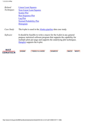 Related
Techniques
Linear Least Squares
Non-Linear Least Squares
Scatter Plot
Run Sequence Plot
Lag Plot
Normal Probability Plot
Histogram
Case Study The 6-plot is used in the Alaska pipeline data case study.
Software It should be feasible to write a macro for the 6-plot in any general
purpose statistical software program that supports the capability for
multiple plots per page and supports the underlying plot techniques.
Dataplot supports the 6-plot.
1.3.3.33. 6-Plot
http://www.itl.nist.gov/div898/handbook/eda/section3/eda3333.htm (4 of 4) [5/1/2006 9:57:11 AM]
 