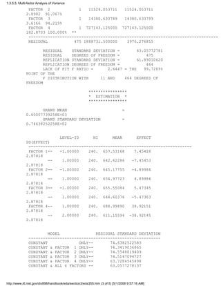 FACTOR 2 1 11524.053711 11524.053711
2.8982 91.067%
FACTOR 3 1 14380.633789 14380.633789
3.6166 94.219%
FACTOR 4 1 727143.125000 727143.125000
182.8703 100.000% **
-------------------------------------------------------------------------------
RESIDUAL 475 1888731.500000 3976.276855
RESIDUAL STANDARD DEVIATION = 63.05772781
RESIDUAL DEGREES OF FREEDOM = 475
REPLICATION STANDARD DEVIATION = 61.89010620
REPLICATION DEGREES OF FREEDOM = 464
LACK OF FIT F RATIO = 2.6447 = THE 99.7269%
POINT OF THE
F DISTRIBUTION WITH 11 AND 464 DEGREES OF
FREEDOM
****************
* ESTIMATION *
****************
GRAND MEAN =
0.65007739258E+03
GRAND STANDARD DEVIATION =
0.74638252258E+02
LEVEL-ID NI MEAN EFFECT
SD(EFFECT)
--------------------------------------------------------------------
FACTOR 1-- -1.00000 240. 657.53168 7.45428
2.87818
-- 1.00000 240. 642.62286 -7.45453
2.87818
FACTOR 2-- -1.00000 240. 645.17755 -4.89984
2.87818
-- 1.00000 240. 654.97723 4.89984
2.87818
FACTOR 3-- -1.00000 240. 655.55084 5.47345
2.87818
-- 1.00000 240. 644.60376 -5.47363
2.87818
FACTOR 4-- 1.00000 240. 688.99890 38.92151
2.87818
-- 2.00000 240. 611.15594 -38.92145
2.87818
MODEL RESIDUAL STANDARD DEVIATION
-------------------------------------------------------
CONSTANT ONLY-- 74.6382522583
CONSTANT & FACTOR 1 ONLY-- 74.3419036865
CONSTANT & FACTOR 2 ONLY-- 74.5548019409
CONSTANT & FACTOR 3 ONLY-- 74.5147094727
CONSTANT & FACTOR 4 ONLY-- 63.7284545898
CONSTANT & ALL 4 FACTORS -- 63.0577278137
1.3.5.5. Multi-factor Analysis of Variance
http://www.itl.nist.gov/div898/handbook/eda/section3/eda355.htm (3 of 5) [5/1/2006 9:57:16 AM]
 