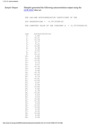 Sample Output Dataplot generated the following autocorrelation output using the
LEW.DAT data set:
THE LAG-ONE AUTOCORRELATION COEFFICIENT OF THE
200 OBSERVATIONS = -0.3073048E+00
THE COMPUTED VALUE OF THE CONSTANT A = -0.30730480E+00
lag autocorrelation
0. 1.00
1. -0.31
2. -0.74
3. 0.77
4. 0.21
5. -0.90
6. 0.38
7. 0.63
8. -0.77
9. -0.12
10. 0.82
11. -0.40
12. -0.55
13. 0.73
14. 0.07
15. -0.76
16. 0.40
17. 0.48
18. -0.70
19. -0.03
20. 0.70
21. -0.41
22. -0.43
23. 0.67
24. 0.00
25. -0.66
26. 0.42
27. 0.39
28. -0.65
29. 0.03
30. 0.63
31. -0.42
32. -0.36
33. 0.64
34. -0.05
35. -0.60
36. 0.43
37. 0.32
38. -0.64
39. 0.08
40. 0.58
1.3.5.12. Autocorrelation
http://www.itl.nist.gov/div898/handbook/eda/section3/eda35c.htm (2 of 4) [5/1/2006 9:57:45 AM]
 