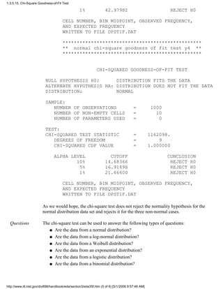 1% 42.97982 REJECT H0
CELL NUMBER, BIN MIDPOINT, OBSERVED FREQUENCY,
AND EXPECTED FREQUENCY
WRITTEN TO FILE DPST1F.DAT
*************************************************
** normal chi-square goodness of fit test y4 **
*************************************************
CHI-SQUARED GOODNESS-OF-FIT TEST
NULL HYPOTHESIS H0: DISTRIBUTION FITS THE DATA
ALTERNATE HYPOTHESIS HA: DISTRIBUTION DOES NOT FIT THE DATA
DISTRIBUTION: NORMAL
SAMPLE:
NUMBER OF OBSERVATIONS = 1000
NUMBER OF NON-EMPTY CELLS = 10
NUMBER OF PARAMETERS USED = 0
TEST:
CHI-SQUARED TEST STATISTIC = 1162098.
DEGREES OF FREEDOM = 9
CHI-SQUARED CDF VALUE = 1.000000
ALPHA LEVEL CUTOFF CONCLUSION
10% 14.68366 REJECT H0
5% 16.91898 REJECT H0
1% 21.66600 REJECT H0
CELL NUMBER, BIN MIDPOINT, OBSERVED FREQUENCY,
AND EXPECTED FREQUENCY
WRITTEN TO FILE DPST1F.DAT
As we would hope, the chi-square test does not reject the normality hypothesis for the
normal distribution data set and rejects it for the three non-normal cases.
Questions The chi-square test can be used to answer the following types of questions:
Are the data from a normal distribution?q
Are the data from a log-normal distribution?q
Are the data from a Weibull distribution?q
Are the data from an exponential distribution?q
Are the data from a logistic distribution?q
Are the data from a binomial distribution?q
1.3.5.15. Chi-Square Goodness-of-Fit Test
http://www.itl.nist.gov/div898/handbook/eda/section3/eda35f.htm (5 of 6) [5/1/2006 9:57:46 AM]
 