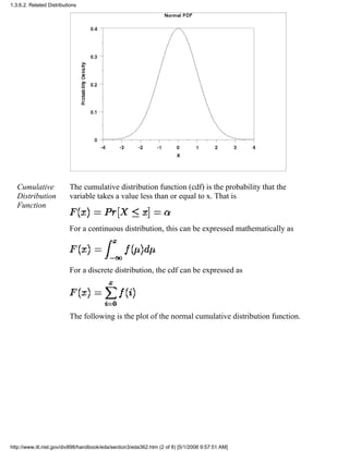 Cumulative
Distribution
Function
The cumulative distribution function (cdf) is the probability that the
variable takes a value less than or equal to x. That is
For a continuous distribution, this can be expressed mathematically as
For a discrete distribution, the cdf can be expressed as
The following is the plot of the normal cumulative distribution function.
1.3.6.2. Related Distributions
http://www.itl.nist.gov/div898/handbook/eda/section3/eda362.htm (2 of 8) [5/1/2006 9:57:51 AM]
 