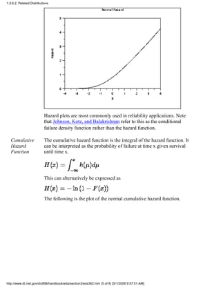 Hazard plots are most commonly used in reliability applications. Note
that Johnson, Kotz, and Balakrishnan refer to this as the conditional
failure density function rather than the hazard function.
Cumulative
Hazard
Function
The cumulative hazard function is the integral of the hazard function. It
can be interpreted as the probability of failure at time x given survival
until time x.
This can alternatively be expressed as
The following is the plot of the normal cumulative hazard function.
1.3.6.2. Related Distributions
http://www.itl.nist.gov/div898/handbook/eda/section3/eda362.htm (5 of 8) [5/1/2006 9:57:51 AM]
 