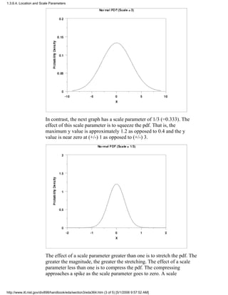 In contrast, the next graph has a scale parameter of 1/3 (=0.333). The
effect of this scale parameter is to squeeze the pdf. That is, the
maximum y value is approximately 1.2 as opposed to 0.4 and the y
value is near zero at (+/-) 1 as opposed to (+/-) 3.
The effect of a scale parameter greater than one is to stretch the pdf. The
greater the magnitude, the greater the stretching. The effect of a scale
parameter less than one is to compress the pdf. The compressing
approaches a spike as the scale parameter goes to zero. A scale
1.3.6.4. Location and Scale Parameters
http://www.itl.nist.gov/div898/handbook/eda/section3/eda364.htm (3 of 5) [5/1/2006 9:57:52 AM]
 
