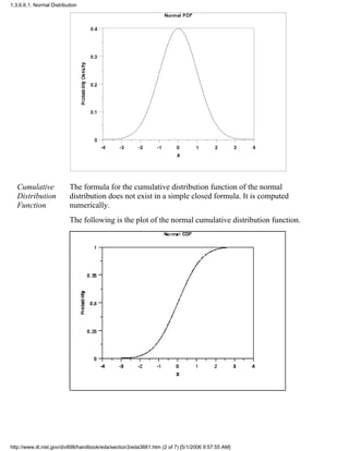 Cumulative
Distribution
Function
The formula for the cumulative distribution function of the normal
distribution does not exist in a simple closed formula. It is computed
numerically.
The following is the plot of the normal cumulative distribution function.
1.3.6.6.1. Normal Distribution
http://www.itl.nist.gov/div898/handbook/eda/section3/eda3661.htm (2 of 7) [5/1/2006 9:57:55 AM]
 