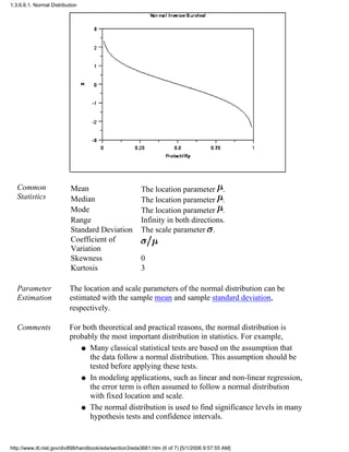 Common
Statistics
Mean The location parameter .
Median The location parameter .
Mode The location parameter .
Range Infinity in both directions.
Standard Deviation The scale parameter .
Coefficient of
Variation
Skewness 0
Kurtosis 3
Parameter
Estimation
The location and scale parameters of the normal distribution can be
estimated with the sample mean and sample standard deviation,
respectively.
Comments For both theoretical and practical reasons, the normal distribution is
probably the most important distribution in statistics. For example,
Many classical statistical tests are based on the assumption that
the data follow a normal distribution. This assumption should be
tested before applying these tests.
q
In modeling applications, such as linear and non-linear regression,
the error term is often assumed to follow a normal distribution
with fixed location and scale.
q
The normal distribution is used to find significance levels in many
hypothesis tests and confidence intervals.
q
1.3.6.6.1. Normal Distribution
http://www.itl.nist.gov/div898/handbook/eda/section3/eda3661.htm (6 of 7) [5/1/2006 9:57:55 AM]
 