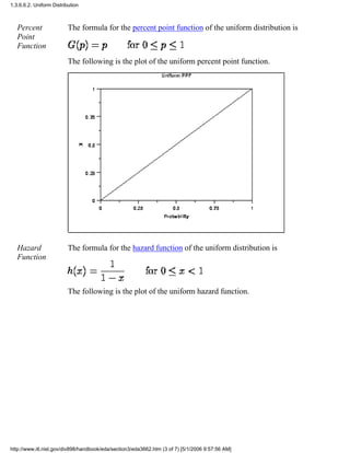 Percent
Point
Function
The formula for the percent point function of the uniform distribution is
The following is the plot of the uniform percent point function.
Hazard
Function
The formula for the hazard function of the uniform distribution is
The following is the plot of the uniform hazard function.
1.3.6.6.2. Uniform Distribution
http://www.itl.nist.gov/div898/handbook/eda/section3/eda3662.htm (3 of 7) [5/1/2006 9:57:56 AM]
 