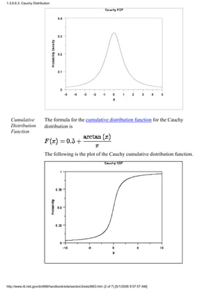 Cumulative
Distribution
Function
The formula for the cumulative distribution function for the Cauchy
distribution is
The following is the plot of the Cauchy cumulative distribution function.
1.3.6.6.3. Cauchy Distribution
http://www.itl.nist.gov/div898/handbook/eda/section3/eda3663.htm (2 of 7) [5/1/2006 9:57:57 AM]
 