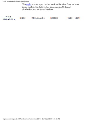This 4-plot reveals a process that has fixed location, fixed variation,
is non-random (oscillatory), has a non-normal, U-shaped
distribution, and has several outliers.
1.2.3. Techniques for Testing Assumptions
http://www.itl.nist.gov/div898/handbook/eda/section2/eda23.htm (3 of 3) [5/1/2006 9:56:16 AM]
 