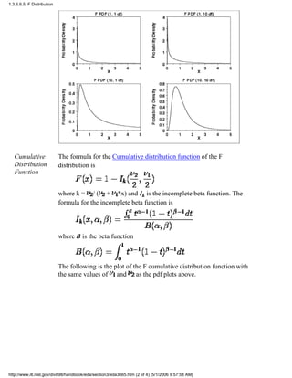 Cumulative
Distribution
Function
The formula for the Cumulative distribution function of the F
distribution is
where k = / ( + *x) and Ik is the incomplete beta function. The
formula for the incomplete beta function is
where B is the beta function
The following is the plot of the F cumulative distribution function with
the same values of and as the pdf plots above.
1.3.6.6.5. F Distribution
http://www.itl.nist.gov/div898/handbook/eda/section3/eda3665.htm (2 of 4) [5/1/2006 9:57:58 AM]
 