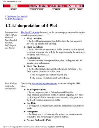 1. Exploratory Data Analysis
1.2. EDA Assumptions
1.2.4.Interpretation of 4-Plot
Interpretation
of EDA Plots:
Flat and
Equi-Banded,
Random,
Bell-Shaped,
and Linear
The four EDA plots discussed on the previous page are used to test the
underlying assumptions:
Fixed Location:
If the fixed location assumption holds, then the run sequence
plot will be flat and non-drifting.
1.
Fixed Variation:
If the fixed variation assumption holds, then the vertical spread
in the run sequence plot will be the approximately the same over
the entire horizontal axis.
2.
Randomness:
If the randomness assumption holds, then the lag plot will be
structureless and random.
3.
Fixed Distribution:
If the fixed distribution assumption holds, in particular if the
fixed normal distribution holds, then
the histogram will be bell-shaped, and1.
the normal probability plot will be linear.2.
4.
Plots Utilized
to Test the
Assumptions
Conversely, the underlying assumptions are tested using the EDA
plots:
Run Sequence Plot:
If the run sequence plot is flat and non-drifting, the
fixed-location assumption holds. If the run sequence plot has a
vertical spread that is about the same over the entire plot, then
the fixed-variation assumption holds.
q
Lag Plot:
If the lag plot is structureless, then the randomness assumption
holds.
q
Histogram:
If the histogram is bell-shaped, the underlying distribution is
symmetric and perhaps approximately normal.
q
Normal Probability Plot:q
1.2.4. Interpretation of 4-Plot
http://www.itl.nist.gov/div898/handbook/eda/section2/eda24.htm (1 of 2) [5/1/2006 9:56:17 AM]
 