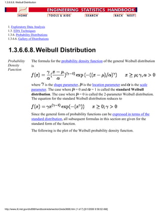 1. Exploratory Data Analysis
1.3. EDA Techniques
1.3.6. Probability Distributions
1.3.6.6. Gallery of Distributions
1.3.6.6.8.Weibull Distribution
Probability
Density
Function
The formula for the probability density function of the general Weibull distribution
is
where is the shape parameter, is the location parameter and is the scale
parameter. The case where = 0 and = 1 is called the standard Weibull
distribution. The case where = 0 is called the 2-parameter Weibull distribution.
The equation for the standard Weibull distribution reduces to
Since the general form of probability functions can be expressed in terms of the
standard distribution, all subsequent formulas in this section are given for the
standard form of the function.
The following is the plot of the Weibull probability density function.
1.3.6.6.8. Weibull Distribution
http://www.itl.nist.gov/div898/handbook/eda/section3/eda3668.htm (1 of 7) [5/1/2006 9:58:02 AM]
 