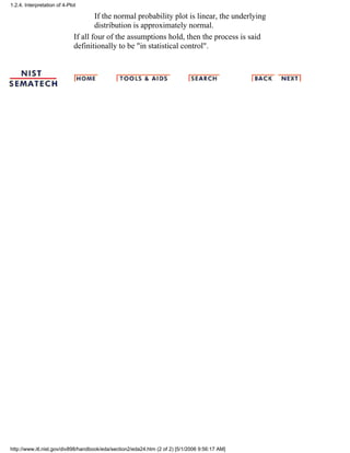 If the normal probability plot is linear, the underlying
distribution is approximately normal.
If all four of the assumptions hold, then the process is said
definitionally to be "in statistical control".
1.2.4. Interpretation of 4-Plot
http://www.itl.nist.gov/div898/handbook/eda/section2/eda24.htm (2 of 2) [5/1/2006 9:56:17 AM]
 