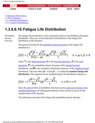 1. Exploratory Data Analysis
1.3. EDA Techniques
1.3.6. Probability Distributions
1.3.6.6. Gallery of Distributions
1.3.6.6.10.Fatigue Life Distribution
Probability
Density
Function
The fatigue life distribution is also commonly known as the Birnbaum-Saunders
distribution. There are several alternative formulations of the fatigue life
distribution in the literature.
The general formula for the probability density function of the fatigue life
distribution is
where is the shape parameter, is the location parameter, is the scale
parameter, is the probability density function of the standard normal
distribution, and is the cumulative distribution function of the standard normal
distribution. The case where = 0 and = 1 is called the standard fatigue life
distribution. The equation for the standard fatigue life distribution reduces to
Since the general form of probability functions can be expressed in terms of the
standard distribution, all subsequent formulas in this section are given for the
standard form of the function.
The following is the plot of the fatigue life probability density function.
1.3.6.6.10. Fatigue Life Distribution
http://www.itl.nist.gov/div898/handbook/eda/section3/eda366a.htm (1 of 7) [5/1/2006 9:58:04 AM]
 