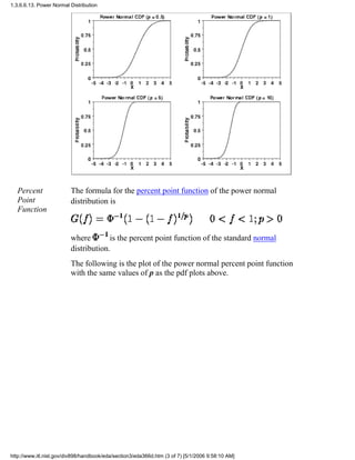 Percent
Point
Function
The formula for the percent point function of the power normal
distribution is
where is the percent point function of the standard normal
distribution.
The following is the plot of the power normal percent point function
with the same values of p as the pdf plots above.
1.3.6.6.13. Power Normal Distribution
http://www.itl.nist.gov/div898/handbook/eda/section3/eda366d.htm (3 of 7) [5/1/2006 9:58:10 AM]
 