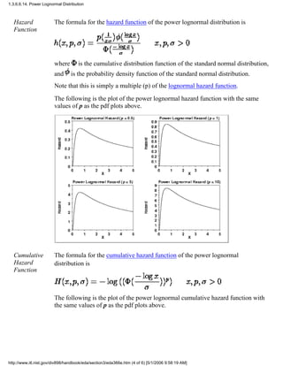 Hazard
Function
The formula for the hazard function of the power lognormal distribution is
where is the cumulative distribution function of the standard normal distribution,
and is the probability density function of the standard normal distribution.
Note that this is simply a multiple (p) of the lognormal hazard function.
The following is the plot of the power lognormal hazard function with the same
values of p as the pdf plots above.
Cumulative
Hazard
Function
The formula for the cumulative hazard function of the power lognormal
distribution is
The following is the plot of the power lognormal cumulative hazard function with
the same values of p as the pdf plots above.
1.3.6.6.14. Power Lognormal Distribution
http://www.itl.nist.gov/div898/handbook/eda/section3/eda366e.htm (4 of 6) [5/1/2006 9:58:19 AM]
 