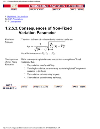 1. Exploratory Data Analysis
1.2. EDA Assumptions
1.2.5. Consequences
1.2.5.3.Consequences of Non-Fixed
Variation Parameter
Variation
Estimate
The usual estimate of variation is the standard deviation
from N measurements Y1, Y2, ... , YN.
Consequences
of Non-Fixed
Variation
If the run sequence plot does not support the assumption of fixed
variation, then
The variation may be drifting.1.
The single variation estimate may be meaningless (if the process
variation is drifting).
2.
The variation estimate may be poor.3.
The variation estimate may be biased.4.
1.2.5.3. Consequences of Non-Fixed Variation Parameter
http://www.itl.nist.gov/div898/handbook/eda/section2/eda253.htm [5/1/2006 9:56:27 AM]
 