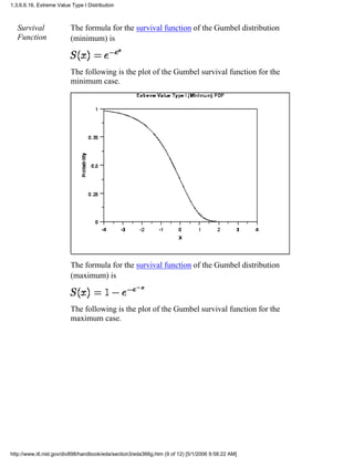 Survival
Function
The formula for the survival function of the Gumbel distribution
(minimum) is
The following is the plot of the Gumbel survival function for the
minimum case.
The formula for the survival function of the Gumbel distribution
(maximum) is
The following is the plot of the Gumbel survival function for the
maximum case.
1.3.6.6.16. Extreme Value Type I Distribution
http://www.itl.nist.gov/div898/handbook/eda/section3/eda366g.htm (9 of 12) [5/1/2006 9:58:22 AM]
 