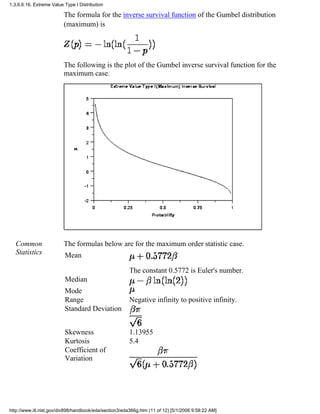 The formula for the inverse survival function of the Gumbel distribution
(maximum) is
The following is the plot of the Gumbel inverse survival function for the
maximum case.
Common
Statistics
The formulas below are for the maximum order statistic case.
Mean
The constant 0.5772 is Euler's number.
Median
Mode
Range Negative infinity to positive infinity.
Standard Deviation
Skewness 1.13955
Kurtosis 5.4
Coefficient of
Variation
1.3.6.6.16. Extreme Value Type I Distribution
http://www.itl.nist.gov/div898/handbook/eda/section3/eda366g.htm (11 of 12) [5/1/2006 9:58:22 AM]
 