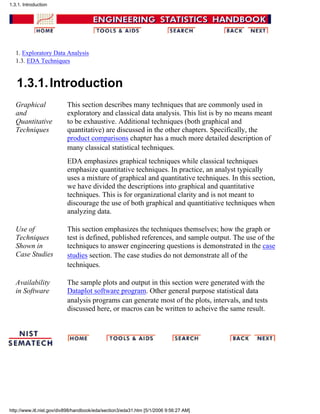 1. Exploratory Data Analysis
1.3. EDA Techniques
1.3.1.Introduction
Graphical
and
Quantitative
Techniques
This section describes many techniques that are commonly used in
exploratory and classical data analysis. This list is by no means meant
to be exhaustive. Additional techniques (both graphical and
quantitative) are discussed in the other chapters. Specifically, the
product comparisons chapter has a much more detailed description of
many classical statistical techniques.
EDA emphasizes graphical techniques while classical techniques
emphasize quantitative techniques. In practice, an analyst typically
uses a mixture of graphical and quantitative techniques. In this section,
we have divided the descriptions into graphical and quantitative
techniques. This is for organizational clarity and is not meant to
discourage the use of both graphical and quantitiative techniques when
analyzing data.
Use of
Techniques
Shown in
Case Studies
This section emphasizes the techniques themselves; how the graph or
test is defined, published references, and sample output. The use of the
techniques to answer engineering questions is demonstrated in the case
studies section. The case studies do not demonstrate all of the
techniques.
Availability
in Software
The sample plots and output in this section were generated with the
Dataplot software program. Other general purpose statistical data
analysis programs can generate most of the plots, intervals, and tests
discussed here, or macros can be written to acheive the same result.
1.3.1. Introduction
http://www.itl.nist.gov/div898/handbook/eda/section3/eda31.htm [5/1/2006 9:56:27 AM]
 