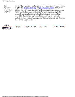 EDA
Approach
Emphasizes
Graphics
Most of these questions can be addressed by techniques discussed in this
chapter. The process modeling and process improvement chapters also
address many of the questions above. These questions are also relevant
for the classical approach to statistics. What distinguishes the EDA
approach is an emphasis on graphical techniques to gain insight as
opposed to the classical approach of quantitative tests. Most data
analysts will use a mix of graphical and classical quantitative techniques
to address these problems.
1.3.2. Analysis Questions
http://www.itl.nist.gov/div898/handbook/eda/section3/eda32.htm (2 of 2) [5/1/2006 9:56:27 AM]
 