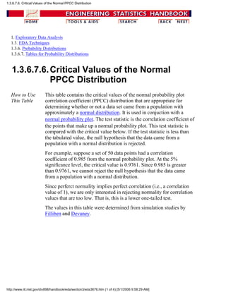 1. Exploratory Data Analysis
1.3. EDA Techniques
1.3.6. Probability Distributions
1.3.6.7. Tables for Probability Distributions
1.3.6.7.6.Critical Values of the Normal
PPCC Distribution
How to Use
This Table
This table contains the critical values of the normal probability plot
correlation coefficient (PPCC) distribution that are appropriate for
determining whether or not a data set came from a population with
approximately a normal distribution. It is used in conjuction with a
normal probability plot. The test statistic is the correlation coefficient of
the points that make up a normal probability plot. This test statistic is
compared with the critical value below. If the test statistic is less than
the tabulated value, the null hypothesis that the data came from a
population with a normal distribution is rejected.
For example, suppose a set of 50 data points had a correlation
coefficient of 0.985 from the normal probability plot. At the 5%
significance level, the critical value is 0.9761. Since 0.985 is greater
than 0.9761, we cannot reject the null hypothesis that the data came
from a population with a normal distribution.
Since perferct normality implies perfect correlation (i.e., a correlation
value of 1), we are only interested in rejecting normality for correlation
values that are too low. That is, this is a lower one-tailed test.
The values in this table were determined from simulation studies by
Filliben and Devaney.
1.3.6.7.6. Critical Values of the Normal PPCC Distribution
http://www.itl.nist.gov/div898/handbook/eda/section3/eda3676.htm (1 of 4) [5/1/2006 9:58:29 AM]
 
