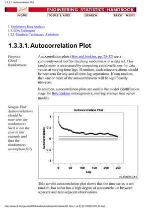 1. Exploratory Data Analysis
1.3. EDA Techniques
1.3.3. Graphical Techniques: Alphabetic
1.3.3.1.Autocorrelation Plot
Purpose:
Check
Randomness
Autocorrelation plots (Box and Jenkins, pp. 28-32) are a
commonly-used tool for checking randomness in a data set. This
randomness is ascertained by computing autocorrelations for data
values at varying time lags. If random, such autocorrelations should
be near zero for any and all time-lag separations. If non-random,
then one or more of the autocorrelations will be significantly
non-zero.
In addition, autocorrelation plots are used in the model identification
stage for Box-Jenkins autoregressive, moving average time series
models.
Sample Plot:
Autocorrelations
should be
near-zero for
randomness.
Such is not the
case in this
example and
thus the
randomness
assumption fails
This sample autocorrelation plot shows that the time series is not
random, but rather has a high degree of autocorrelation between
adjacent and near-adjacent observations.
1.3.3.1. Autocorrelation Plot
http://www.itl.nist.gov/div898/handbook/eda/section3/eda331.htm (1 of 5) [5/1/2006 9:56:30 AM]
 